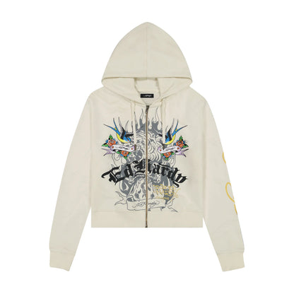 Beige hoodie with graphic design on a white background 