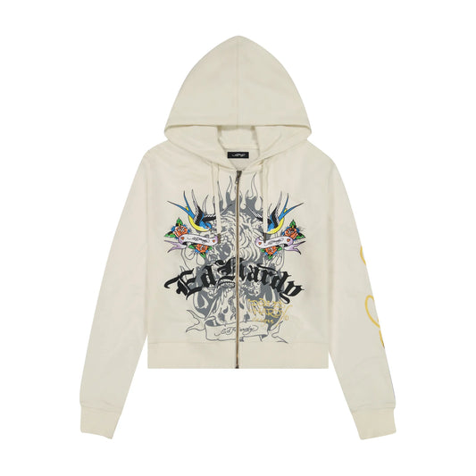 Beige hoodie with graphic design on a white background 