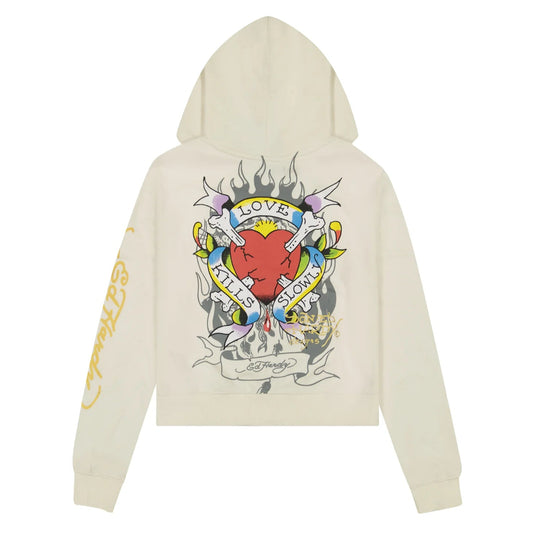 Beige hoodie with colorful graphic design on a white background 