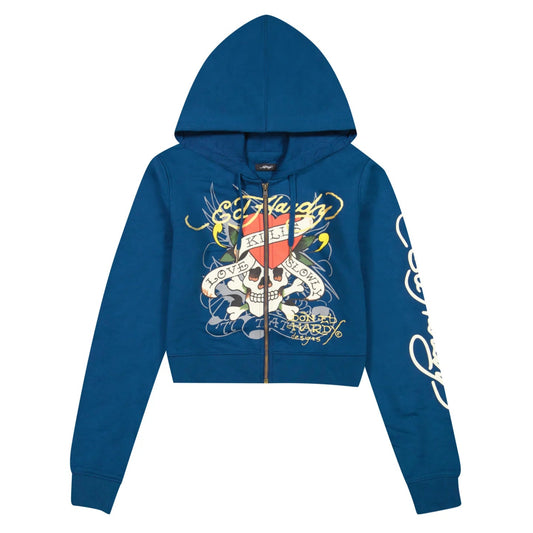 Blue hoodie with graphic design on a white background