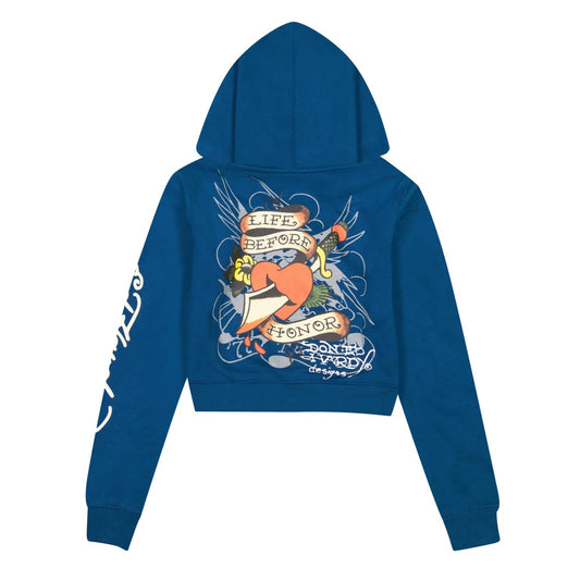 Blue hoodie with graphic design on the back on a white background