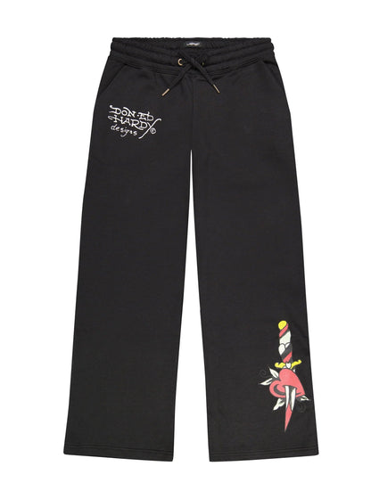 Black sweatpants with a graphic design on a white background