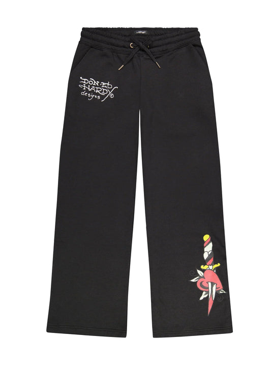 Black sweatpants with a graphic design on a white background