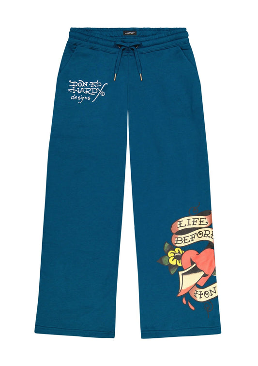 Blue sweatpants with graphic designs and text on a white background