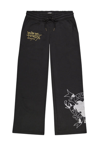 Black sweatpants with text and graphic design on a white background