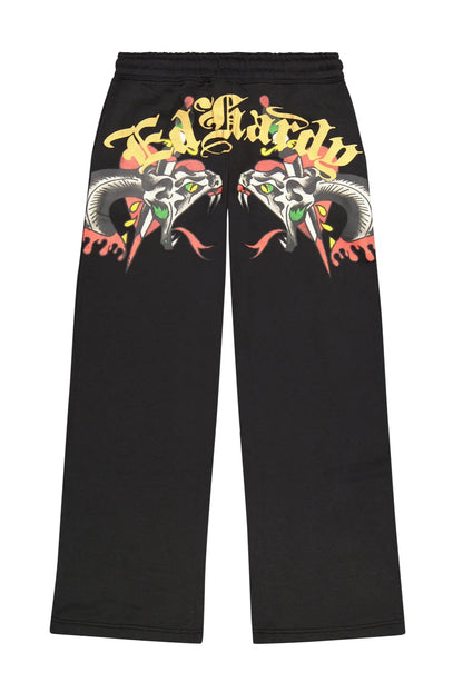 Black pants with colorful snake design on a white background