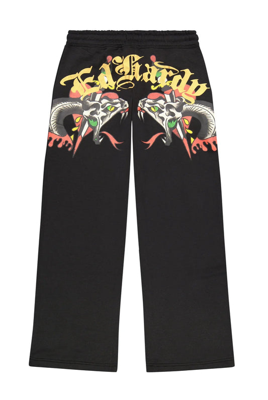 Black pants with colorful snake design on a white background