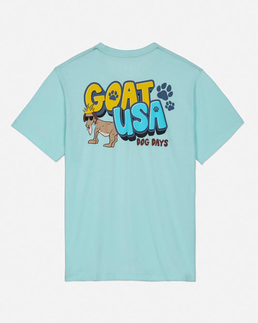 Light blue t-shirt with 'GOAT USA Dog Days' graphic on a white background