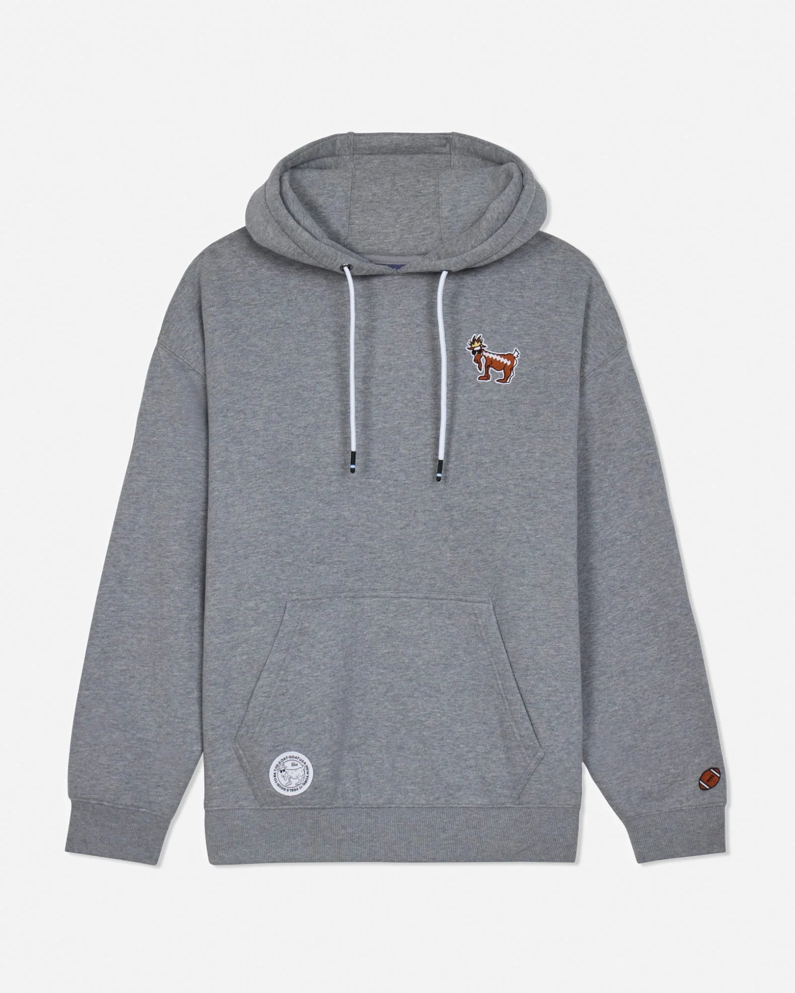 Gray hoodie with small embroidered designs on a light gray background