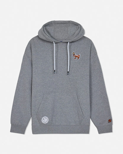 Gray hoodie with small embroidered designs on a light gray background