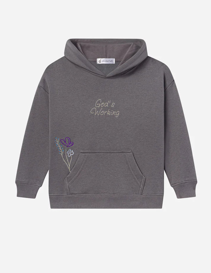 Gray hoodie with floral design on a white background