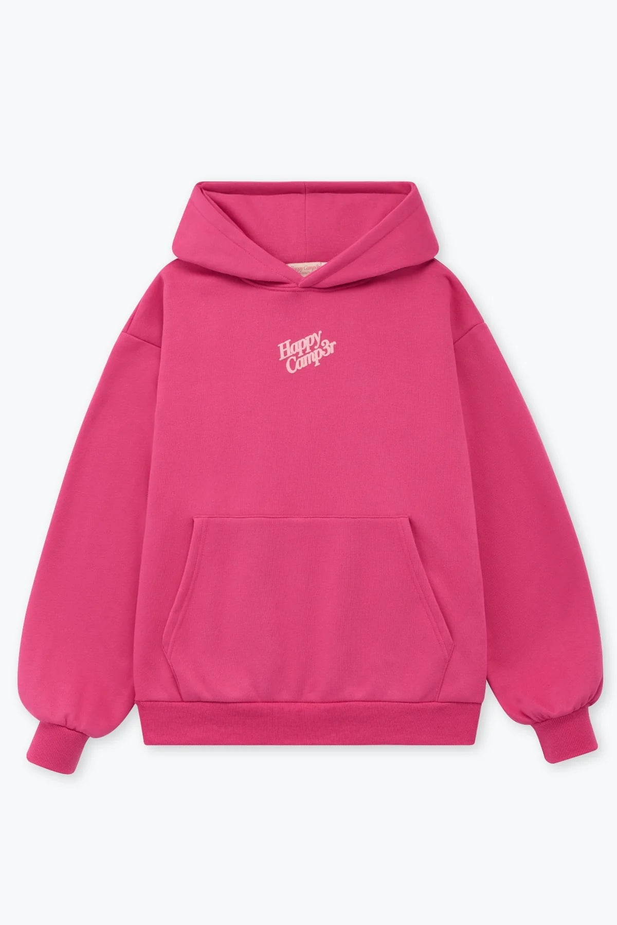 Pink hoodie with 'Happy Campers' text on a white background