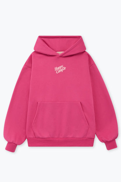 Pink hoodie with 'Happy Campers' text on a white background