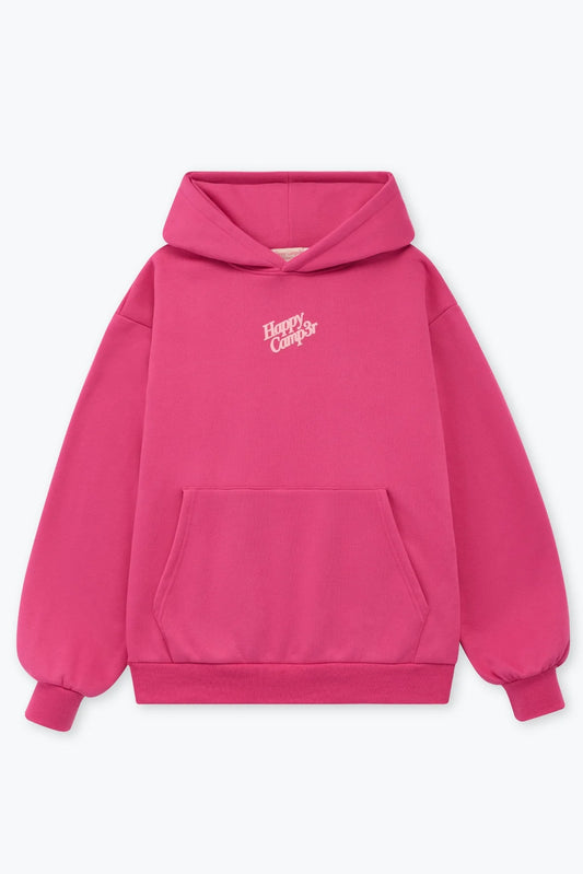 Pink hoodie with 'Happy Campers' text on a white background