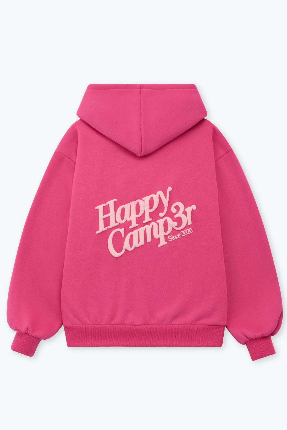 Pink hoodie with 'Happy Camp3r' text on the back against a white background