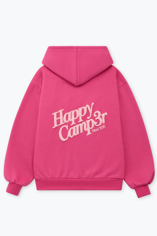 Pink hoodie with 'Happy Camp3r' text on the back against a white background