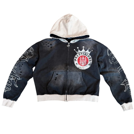 Prestige Crown Zip Hoodie – Distressed Black & Cream Graphic Streetwear Hoodie front view