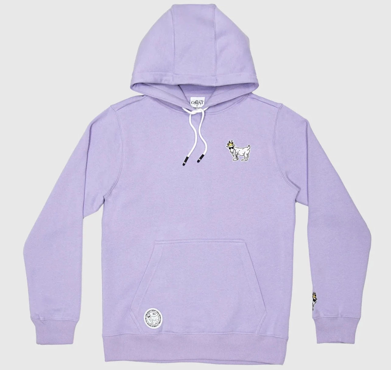 A purple hooded sweatshirt with an embroidered goat logo on the wrist and a contrasting drawstring hood.