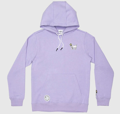 A purple hooded sweatshirt with an embroidered goat logo on the wrist and a contrasting drawstring hood.