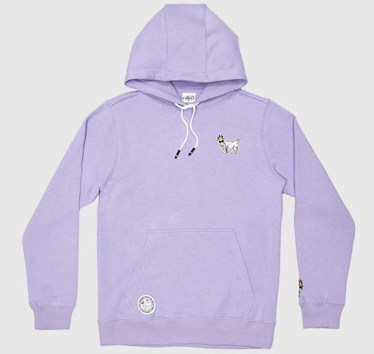 A purple hooded sweatshirt with an embroidered goat logo on the wrist and a contrasting drawstring hood.