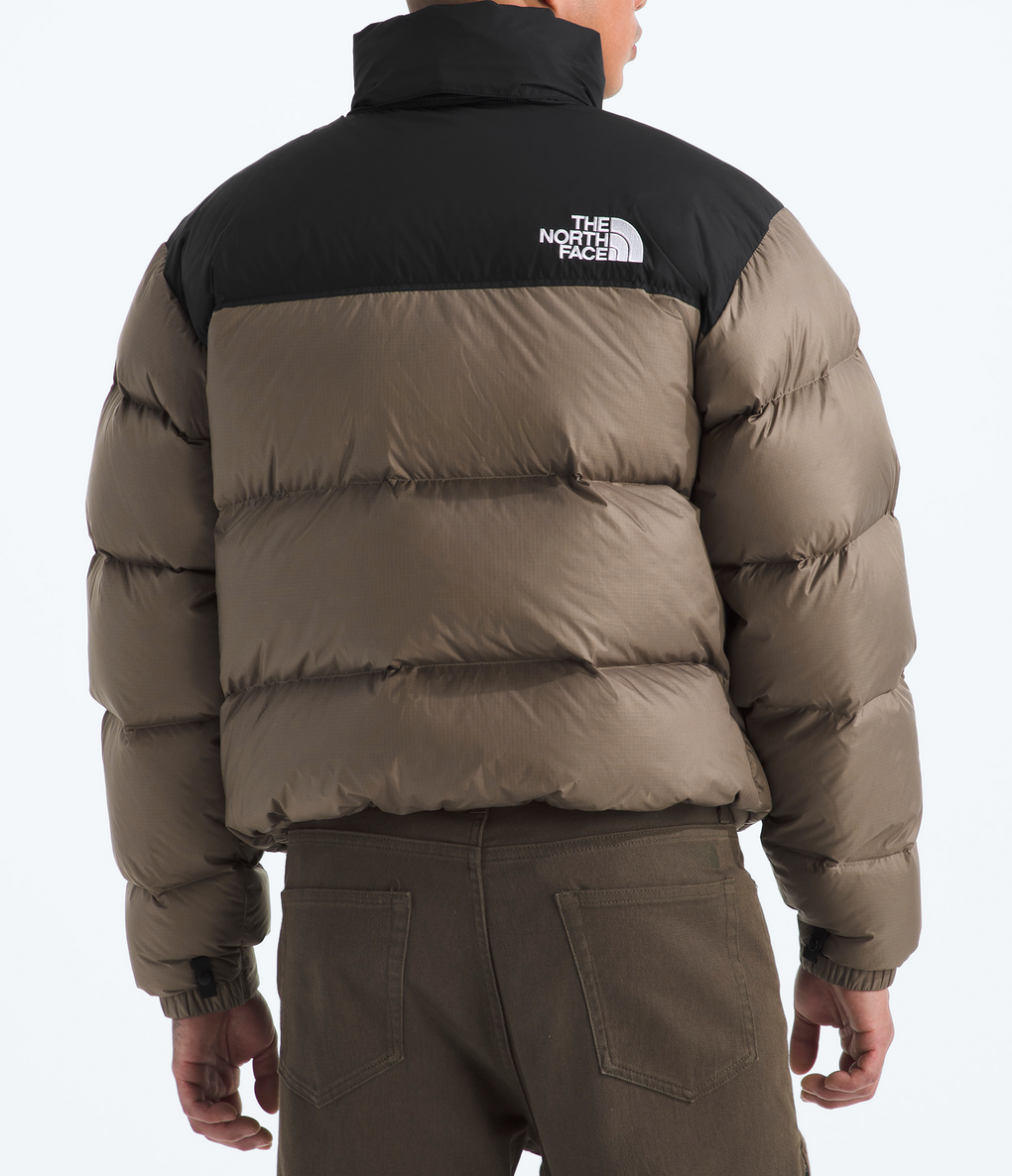 Person wearing a brown puffer jacket with The North Face logo on a white background