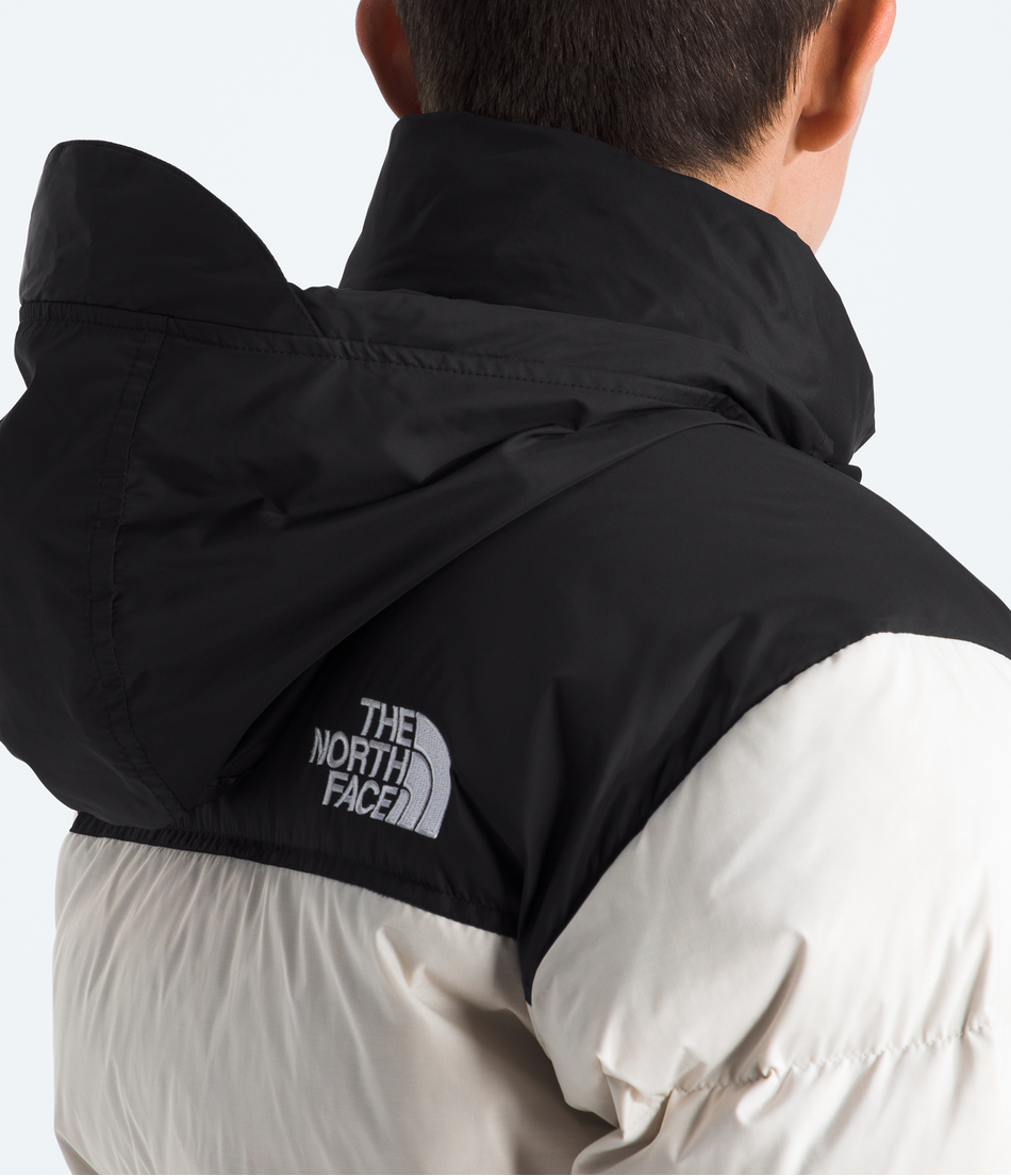 Person wearing a black North Face jacket on a white background