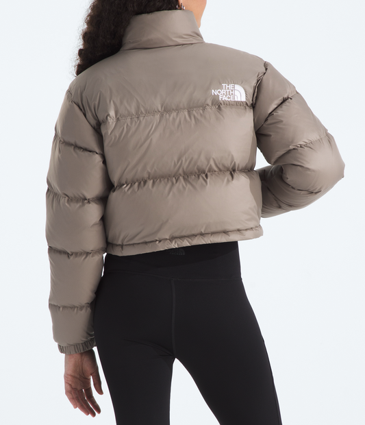 Person wearing a beige The North Face jacket on a white background 