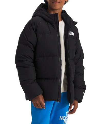 Person wearing a black puffer jacket, blue pants, and a beanie with The North Face logo on a white background.