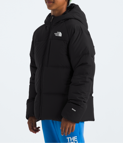 Person wearing a black The North Face jacket and blue pants with a patterned beanie on a white background