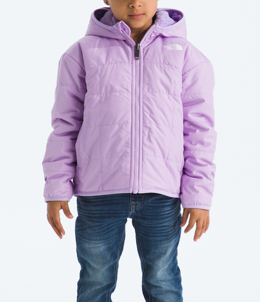 Child wearing a purple jacket and beanie on a white background