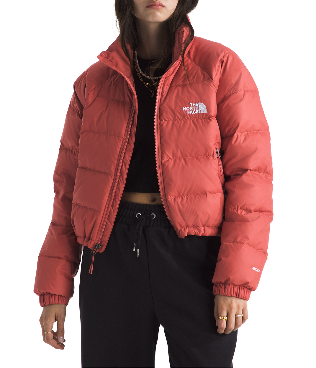 Person wearing a red puffer jacket with a brand logo on a white background 