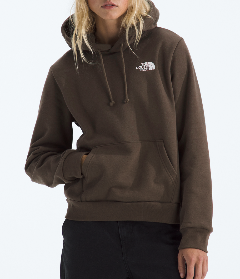 Person wearing a brown hoodie and beanie with a logo on a white background