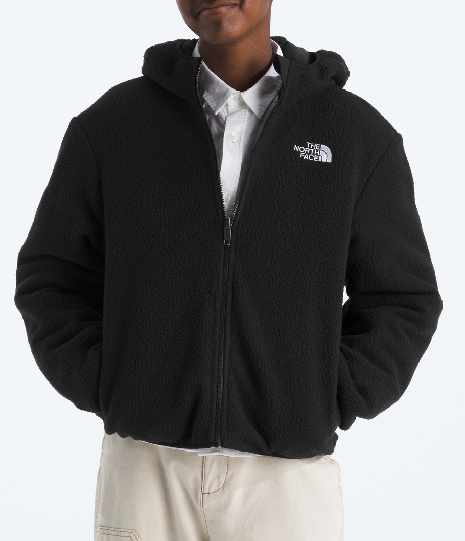 Person wearing a black The North Face jacket on a white background
