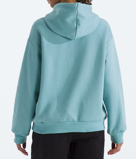 Person wearing a light blue hoodie on a white background