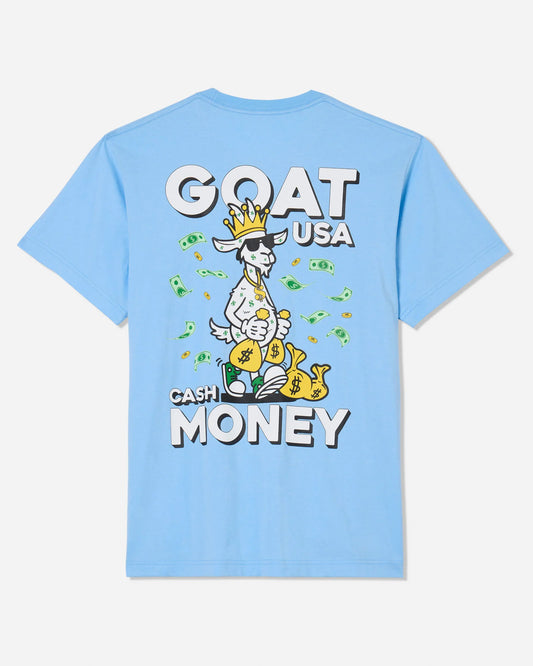 Light blue t-shirt with a graphic design of a goat holding money and text on the back.