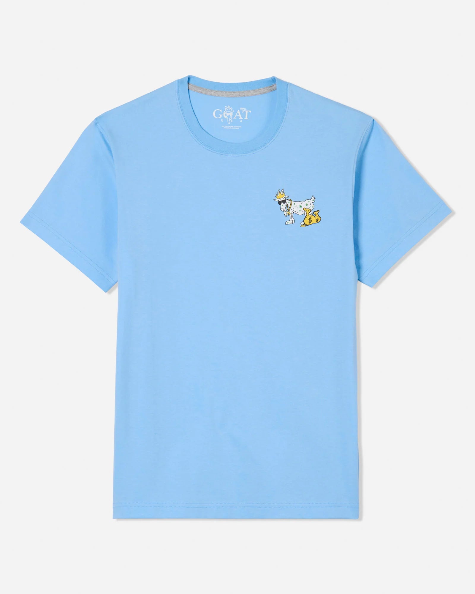 Light blue t-shirt with a small graphic on the chest against a white background