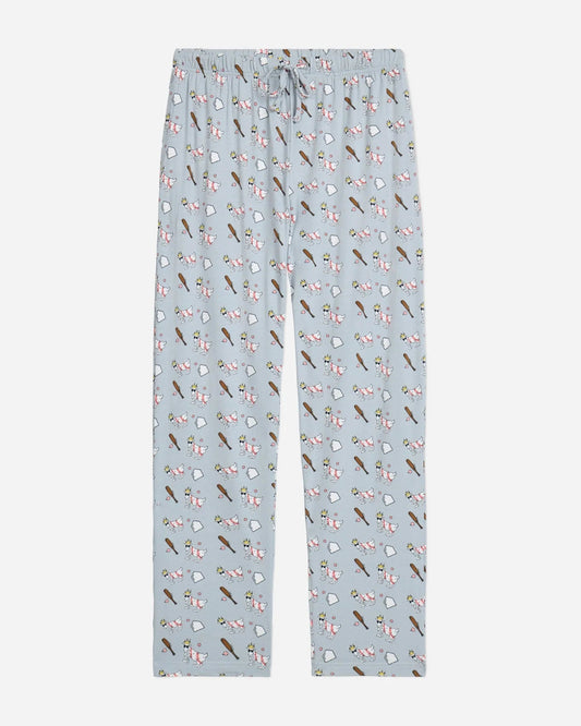 Light blue pajama pants with a pattern on a white background