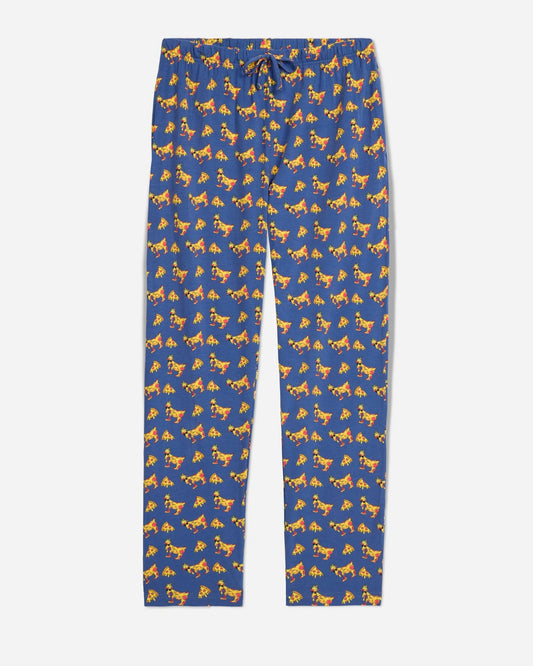 Blue leggings with yellow horse pattern on a white background
