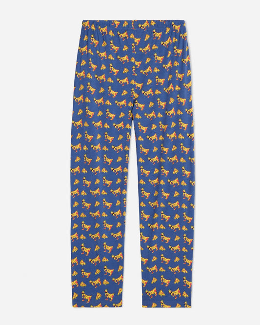 Blue leggings with yellow horse pattern on a white background