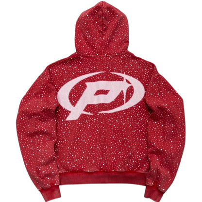 Prestige Diamond Hoodie back view hood up red rhinestone streetwear hoodie bold graphic Epic Outfitters