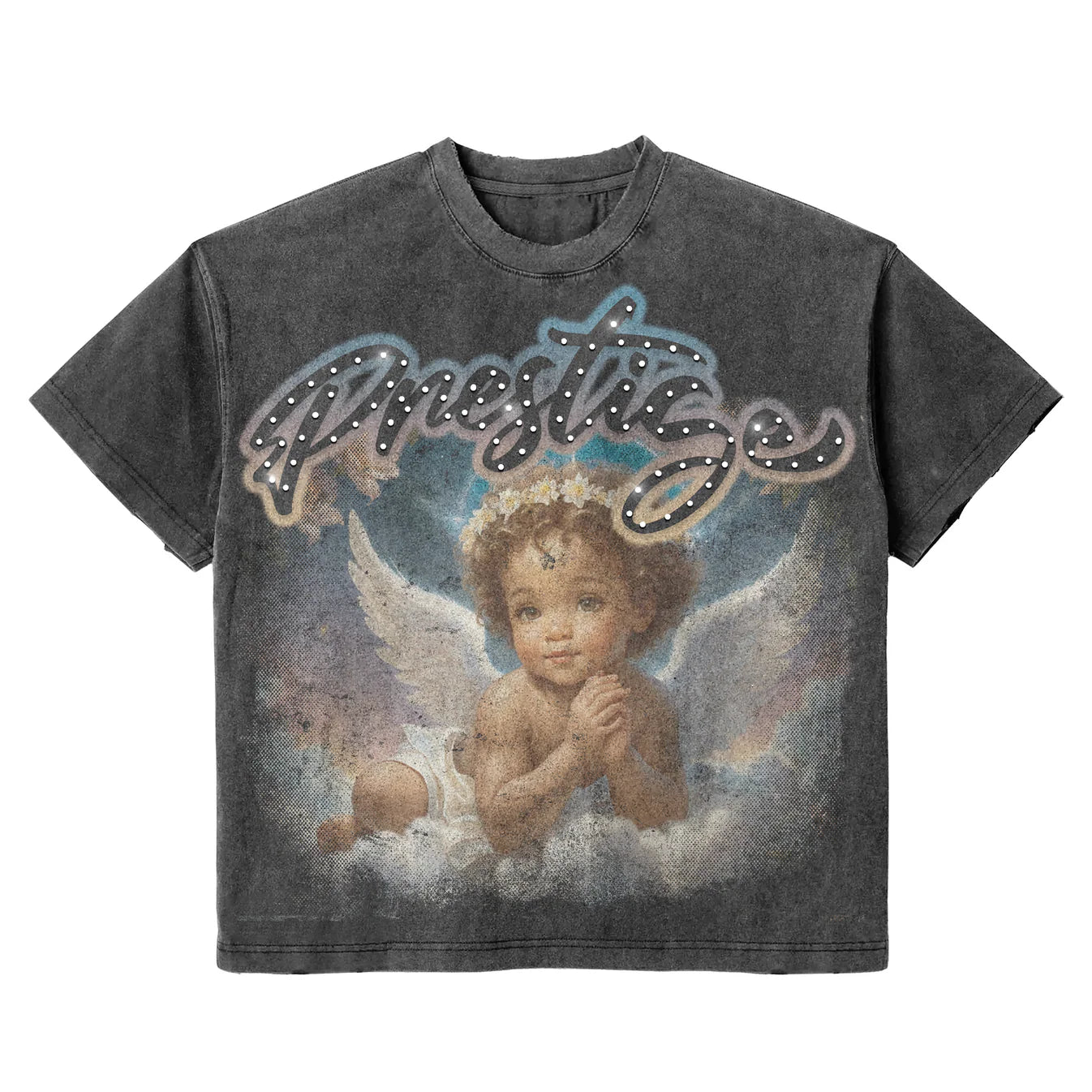 Prestige Angel Graphic Tee – Vintage Wash Rhinestone Streetwear Shirt front view