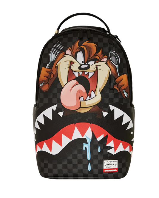 Backpack with cartoon character design on a checkered background