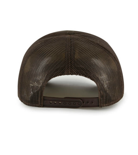 A rear view of a dark brown mesh baseball cap with an adjustable snap closure, featuring a textured mesh back panel for ventilation.