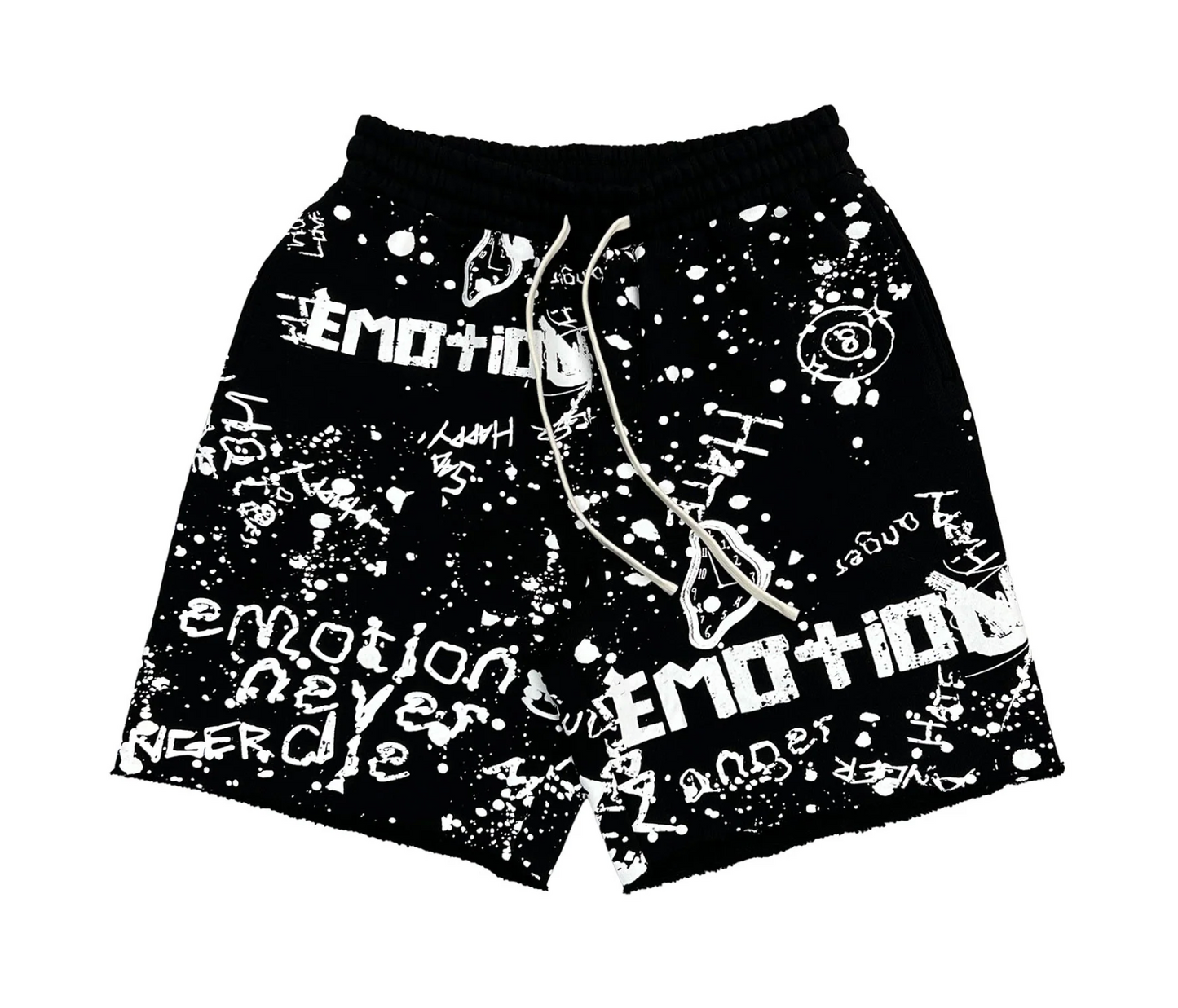 Mixed Emotion black graffiti streetwear shorts with allover white graphic artwork and paint splatter design 