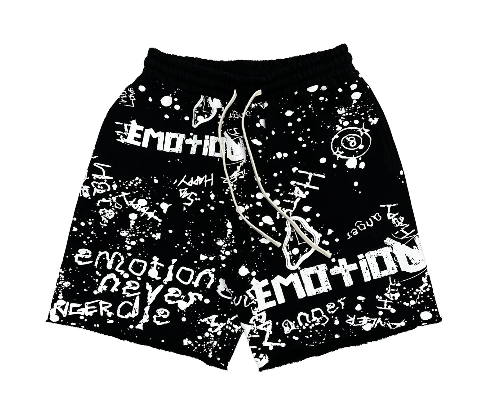 Mixed Emotion black graffiti streetwear shorts with allover white graphic artwork and paint splatter design 