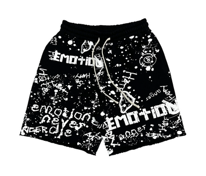 Mixed Emotion black graffiti streetwear shorts with allover white graphic artwork and paint splatter design 