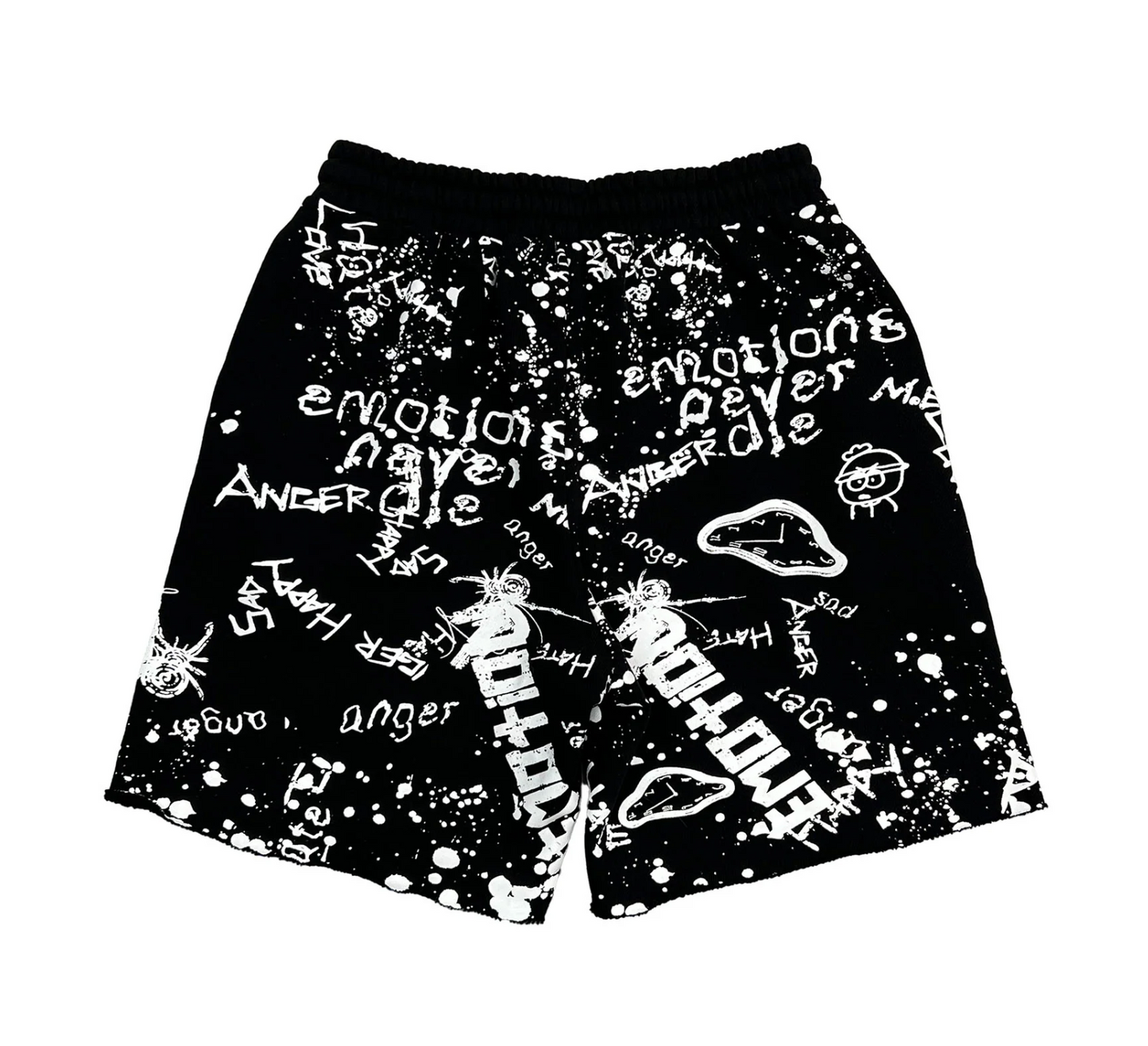Mixed Emotion black graffiti streetwear shorts with allover white graphic artwork and paint splatter design