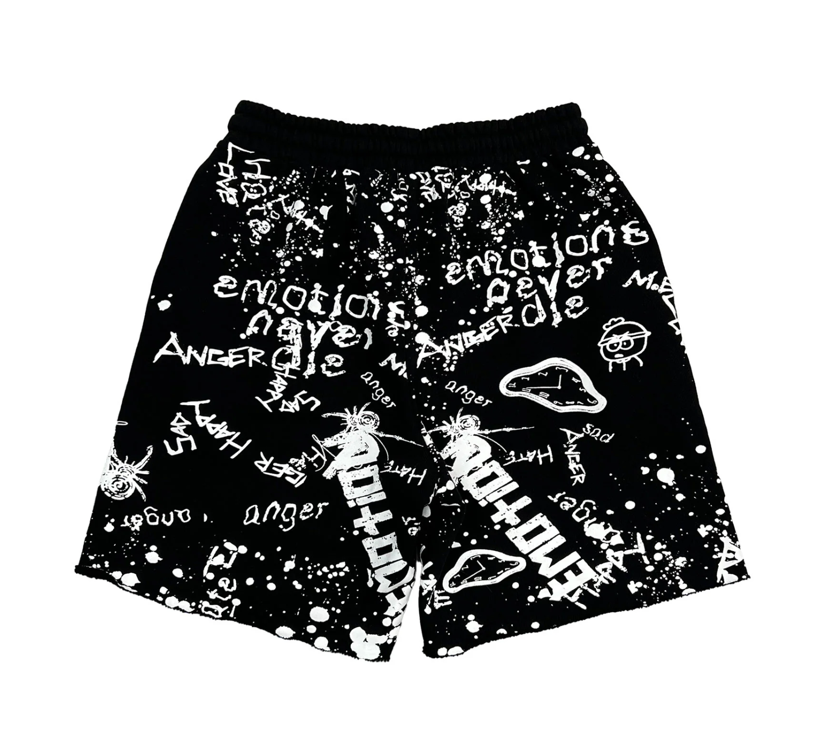 Mixed Emotion black graffiti streetwear shorts with allover white graphic artwork and paint splatter design