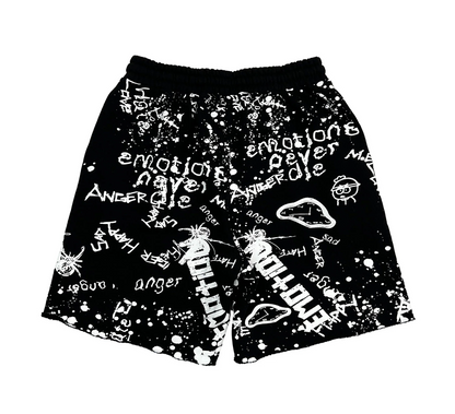 Mixed Emotion black graffiti streetwear shorts with allover white graphic artwork and paint splatter design