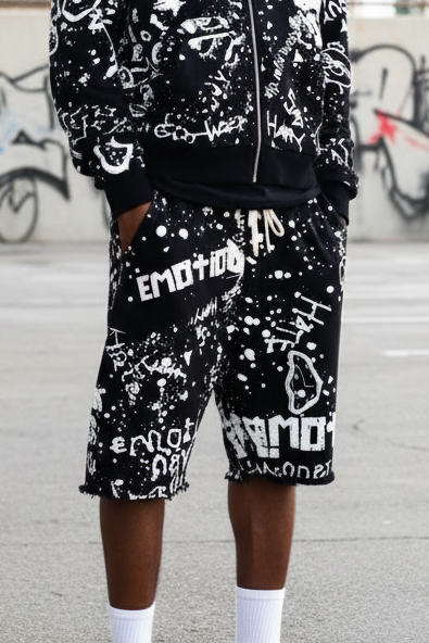 Mixed Emotion black graffiti streetwear shorts with allover white graphic artwork and paint splatter design